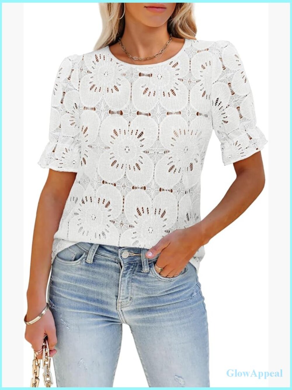 Puff Sleeve Eyelet Blouse Lace Crochet Embroidered Summer Top Dressy Casual